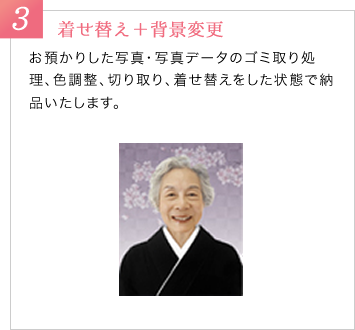 3　着せ替え＋背景変更　お預かりした写真・写真データのゴミ取り処理、色調整、切り取り、着せ替えをした状態で納品いたします。