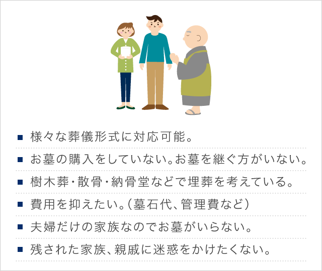 ■様々な葬儀形式に対応可能。■お墓の購入をしていない。お墓を継ぐ方がいない。■樹木葬・散骨・納骨堂などで埋葬を考えている。■費用を抑えたい。（墓石代、管理費など）■夫婦だけの家族なのでお墓がいらない。■残された家族、親戚に迷惑をかけたくない。