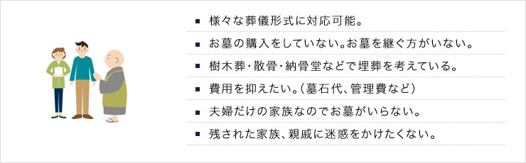 様々な葬儀形式に対応可能。■お墓の購入をしていない。お墓を継ぐ方がいない。■樹木葬・散骨・納骨堂などで埋葬を考えている。■費用を抑えたい。（墓石代、管理費など）■夫婦だけの家族なのでお墓がいらない。■残された家族、親戚に迷惑をかけたくない。